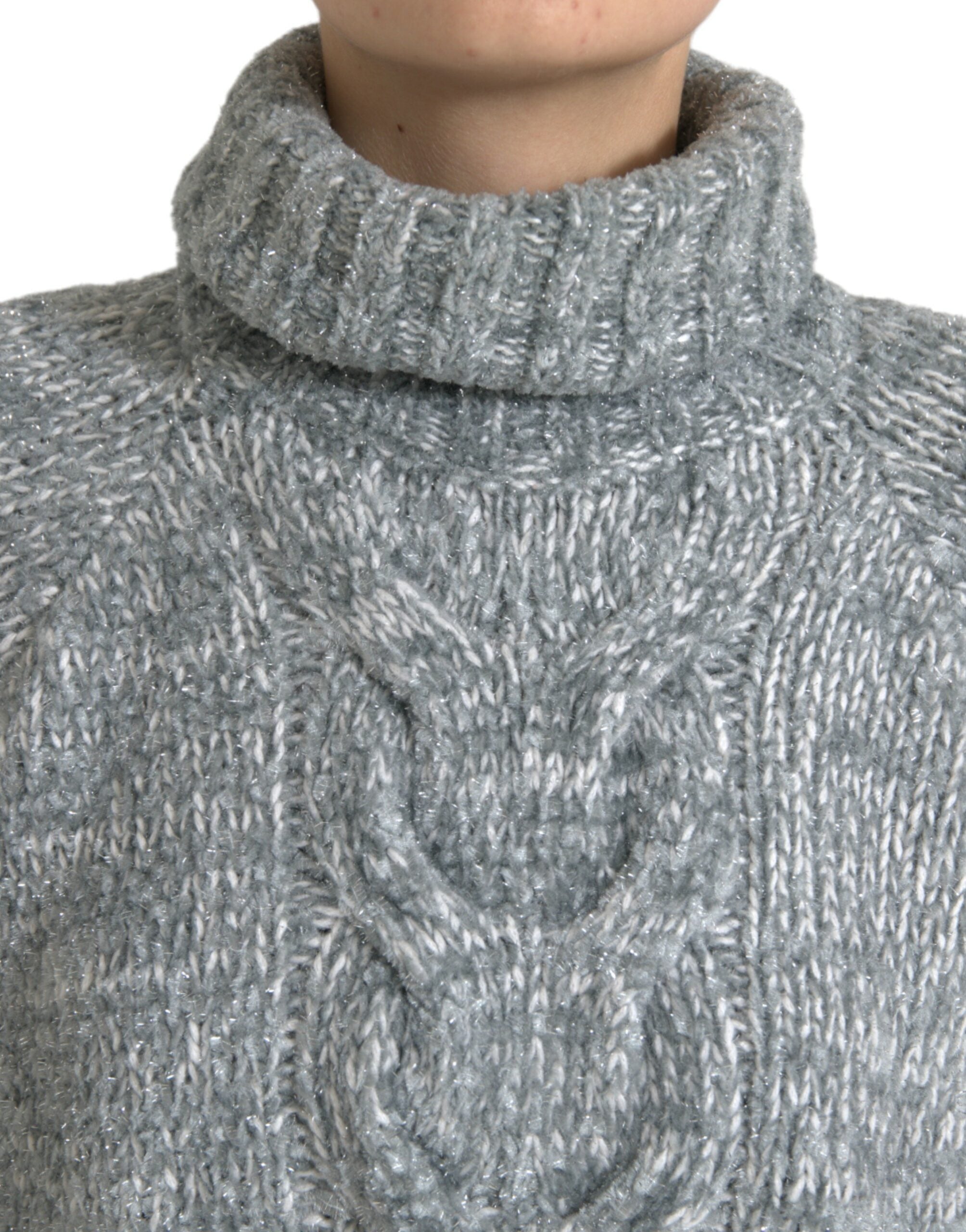 Gray Dolce & Gabbana cashmere turtle neck pullover sweater, close-up of soft knit fabric and classic design.