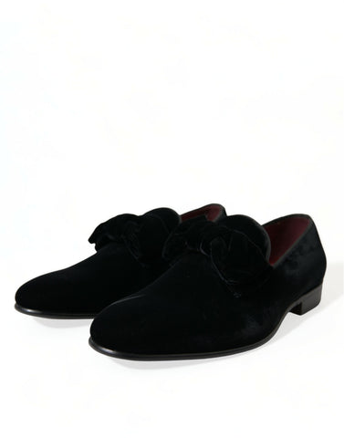 Black velvet loafers by Dolce & Gabbana, formal dress shoes with sleek design and polished finish, perfect for elegant occasions.