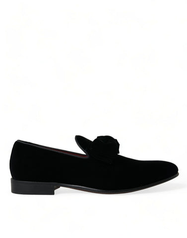 Black velvet loafers by Dolce & Gabbana, formal dress shoes with sleek design and polished finish, perfect for elegant occasions.