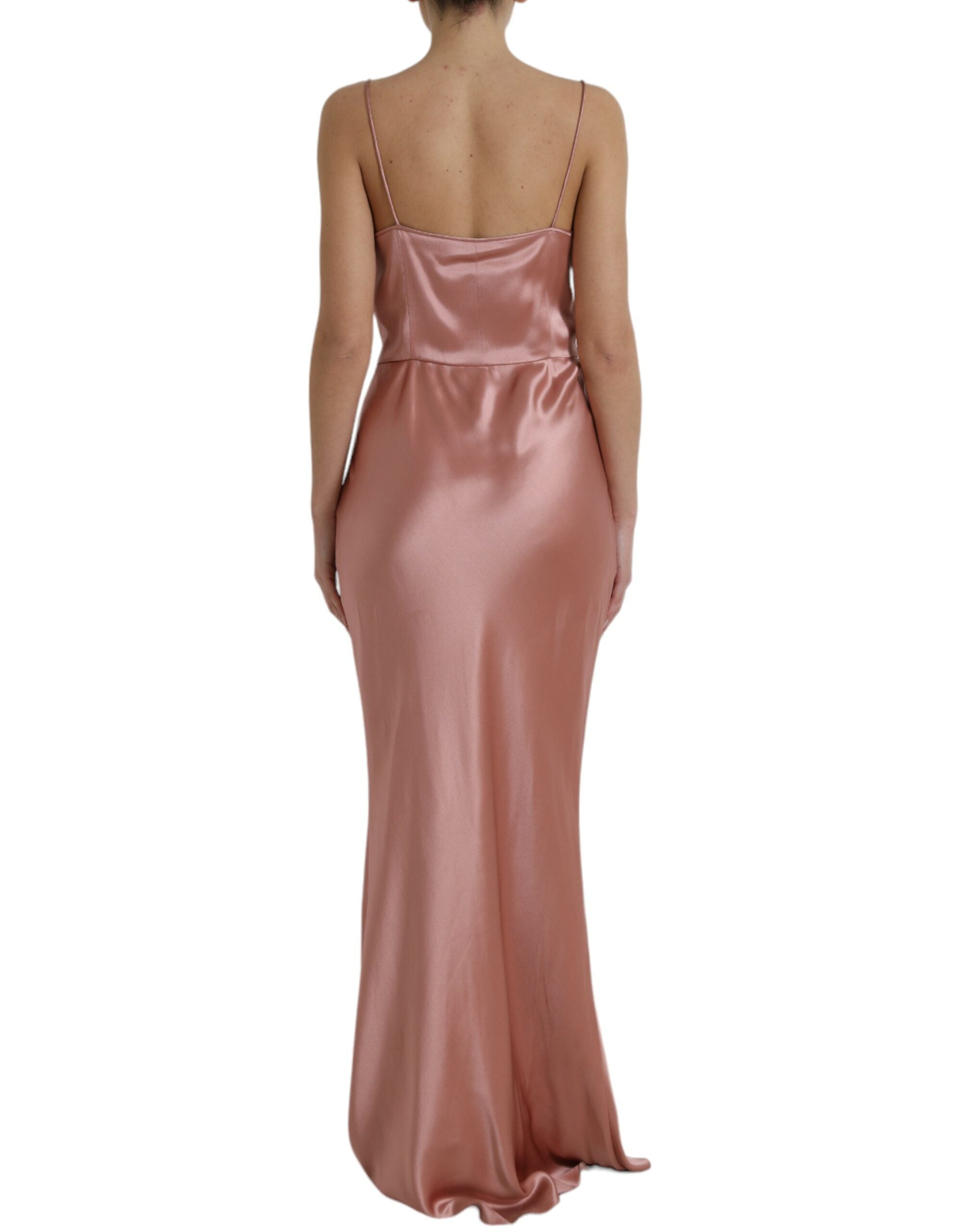 Pink silk spaghetti strap long gown dress by Dolce & Gabbana, featuring elegant draped fabric and a flowing silhouette.