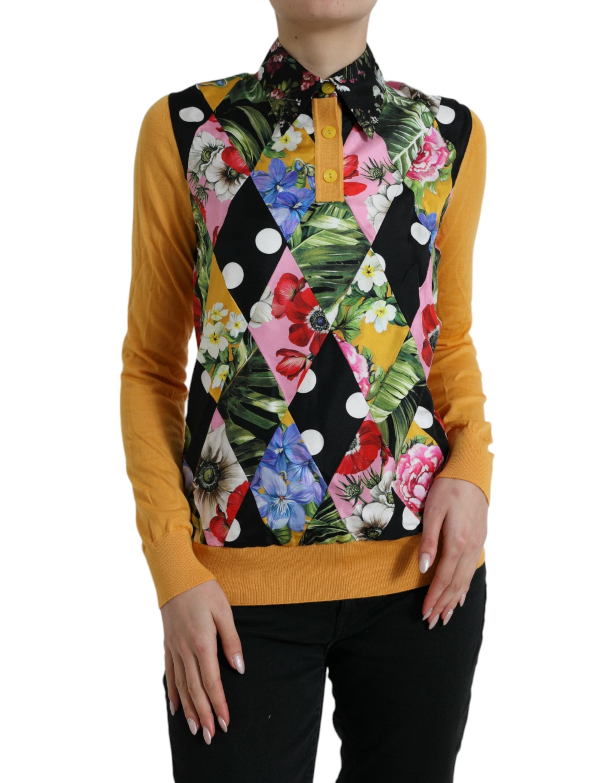 Multicolor patchwork cashmere Henley sweater by Dolce & Gabbana, featuring a cozy knit with a mix of vibrant colors and button neckline.