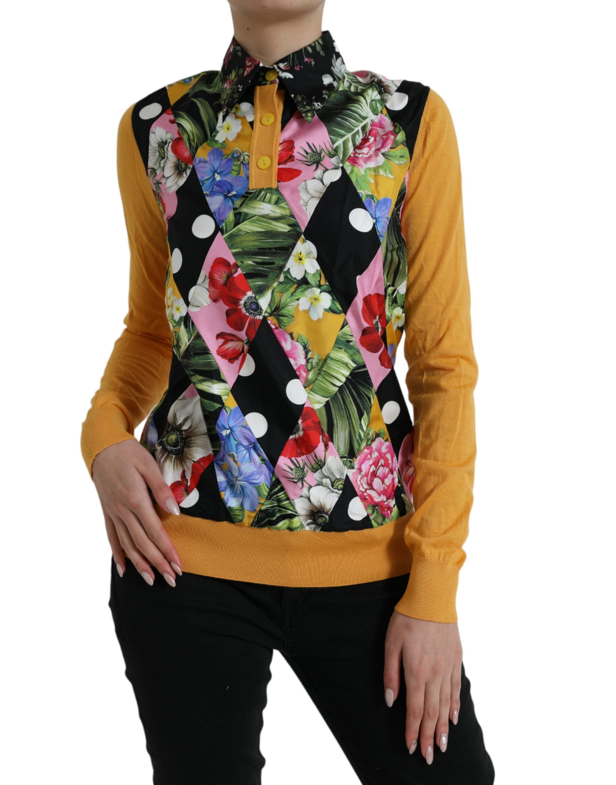 Multicolor patchwork cashmere Henley sweater by Dolce & Gabbana, featuring a cozy knit with a buttoned neckline and vibrant patchwork design.