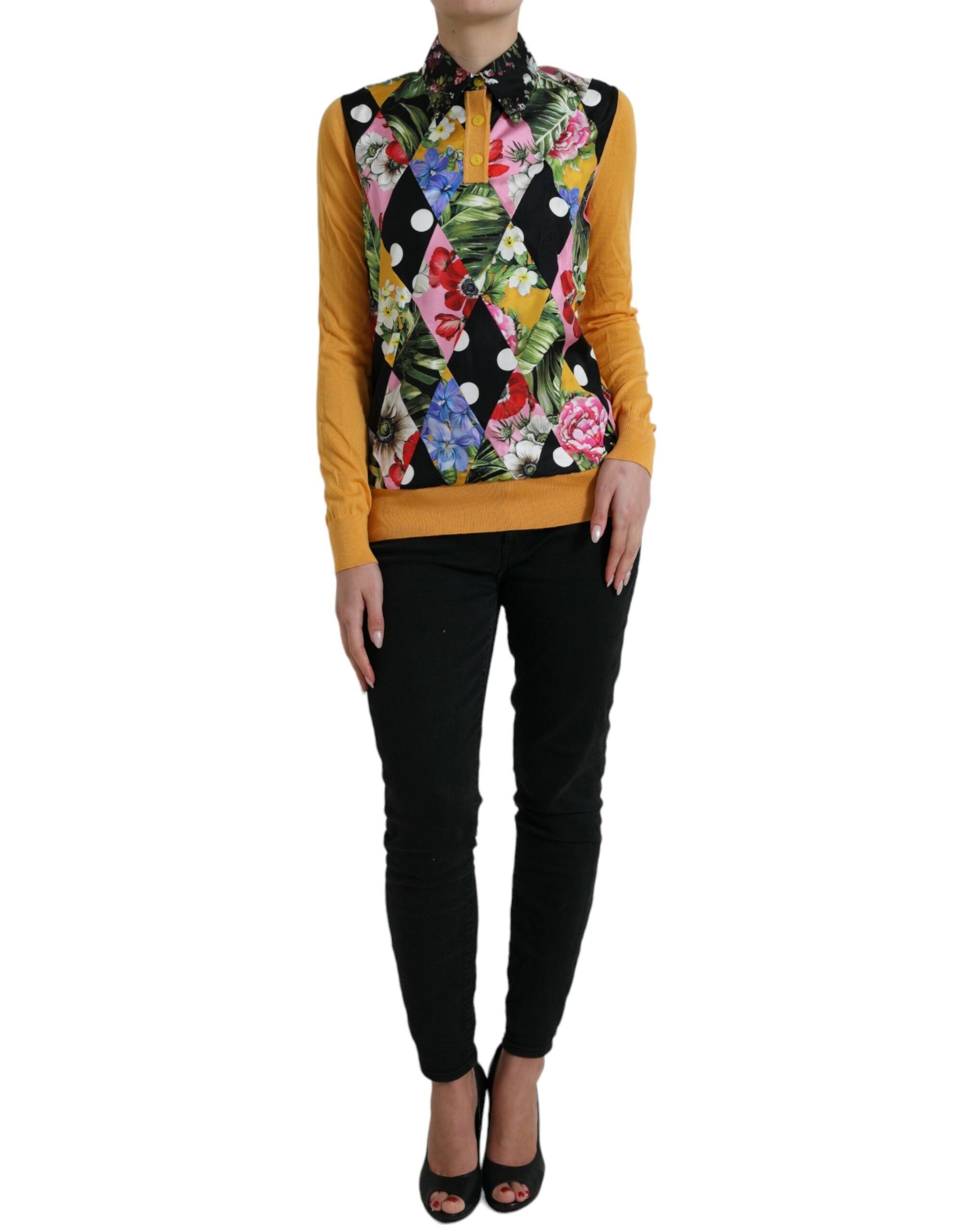 Multicolor patchwork cashmere Henley sweater by Dolce & Gabbana showcasing a cozy, stylish knit design with a buttoned neckline.