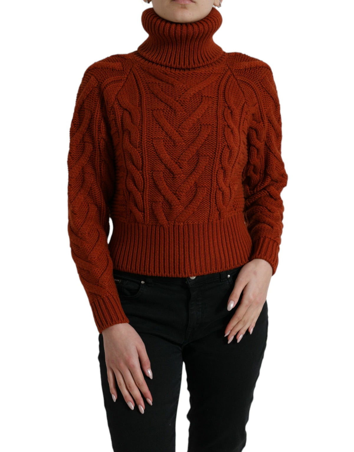 Brown wool knit turtleneck sweater by Dolce & Gabbana, close-up of textured fabric and classic fit.