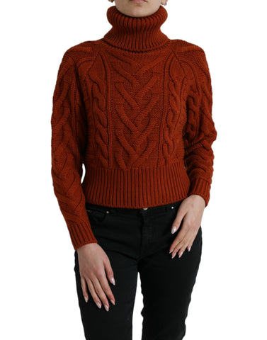 Brown wool knit turtleneck sweater by Dolce & Gabbana, close-up of textured fabric and classic fit.