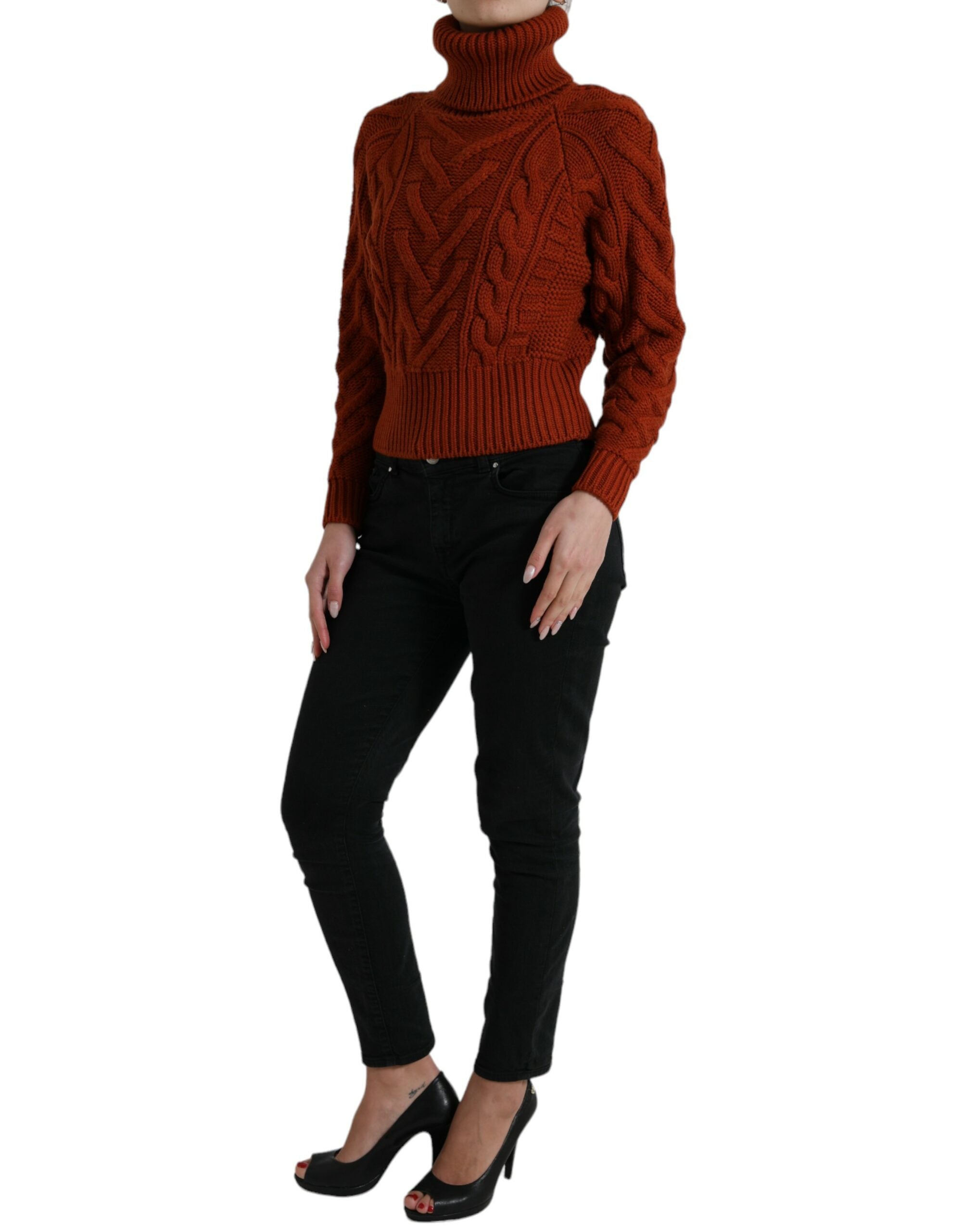 Brown wool knit turtleneck sweater by Dolce & Gabbana, close-up showing textured fabric and classic fit design.