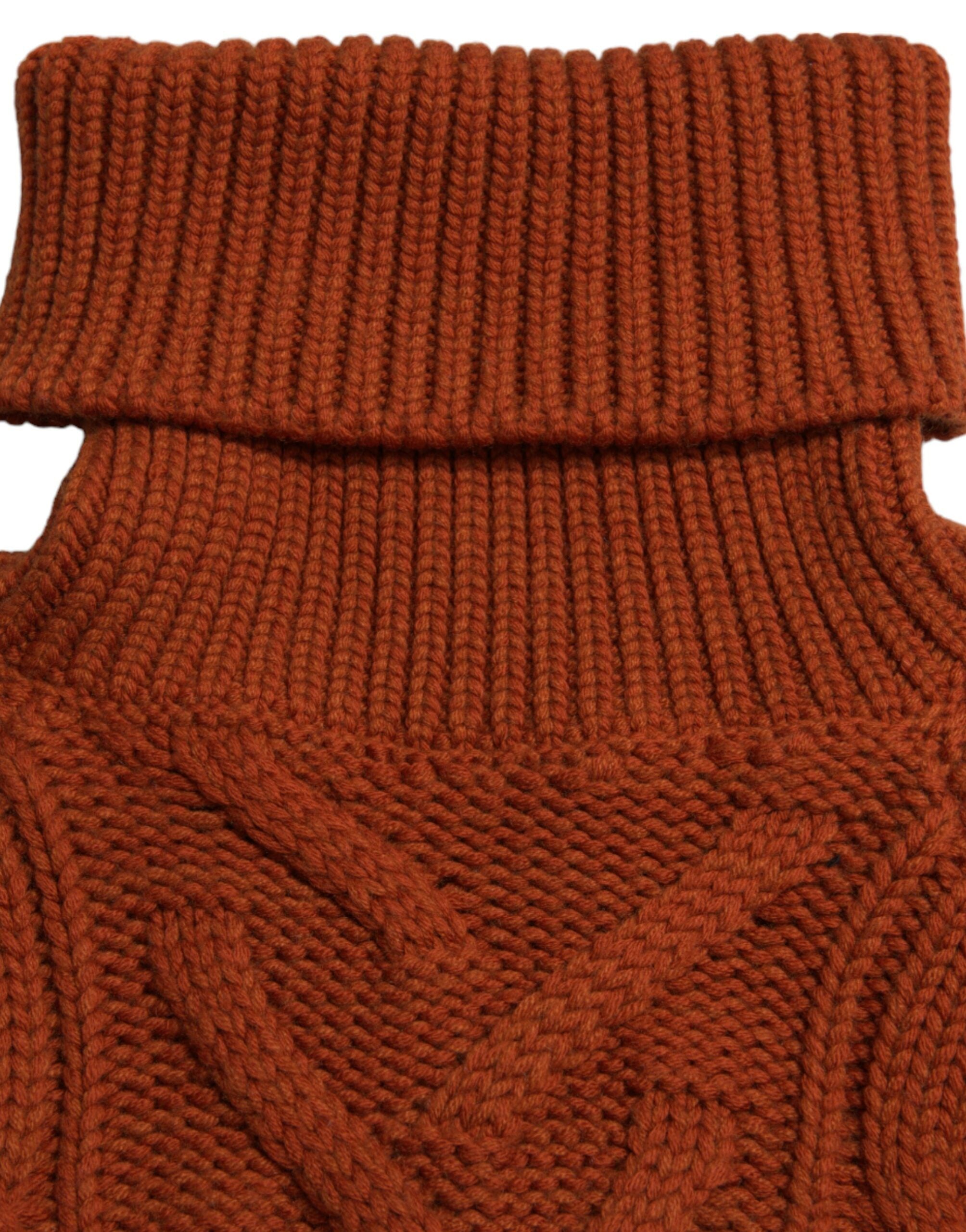 Brown wool knit turtleneck sweater by Dolce & Gabbana, close-up showing textured fabric and cozy fit.