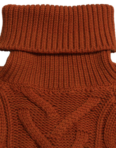 Brown wool knit turtleneck sweater by Dolce & Gabbana, close-up showing textured fabric and cozy fit.