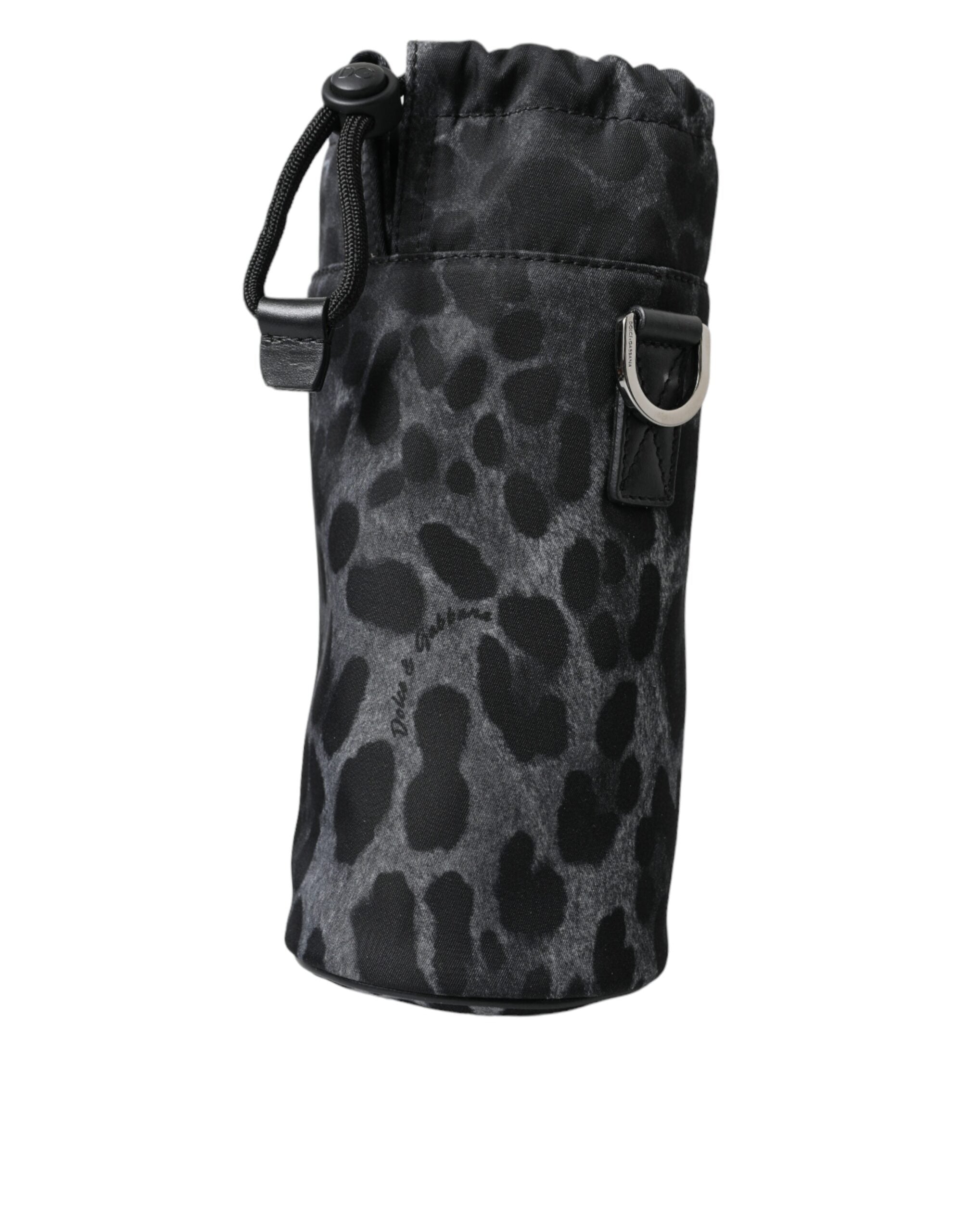 Black leopard print slim tote bottle cage bag by Dolce & Gabbana with round shape and compact design.