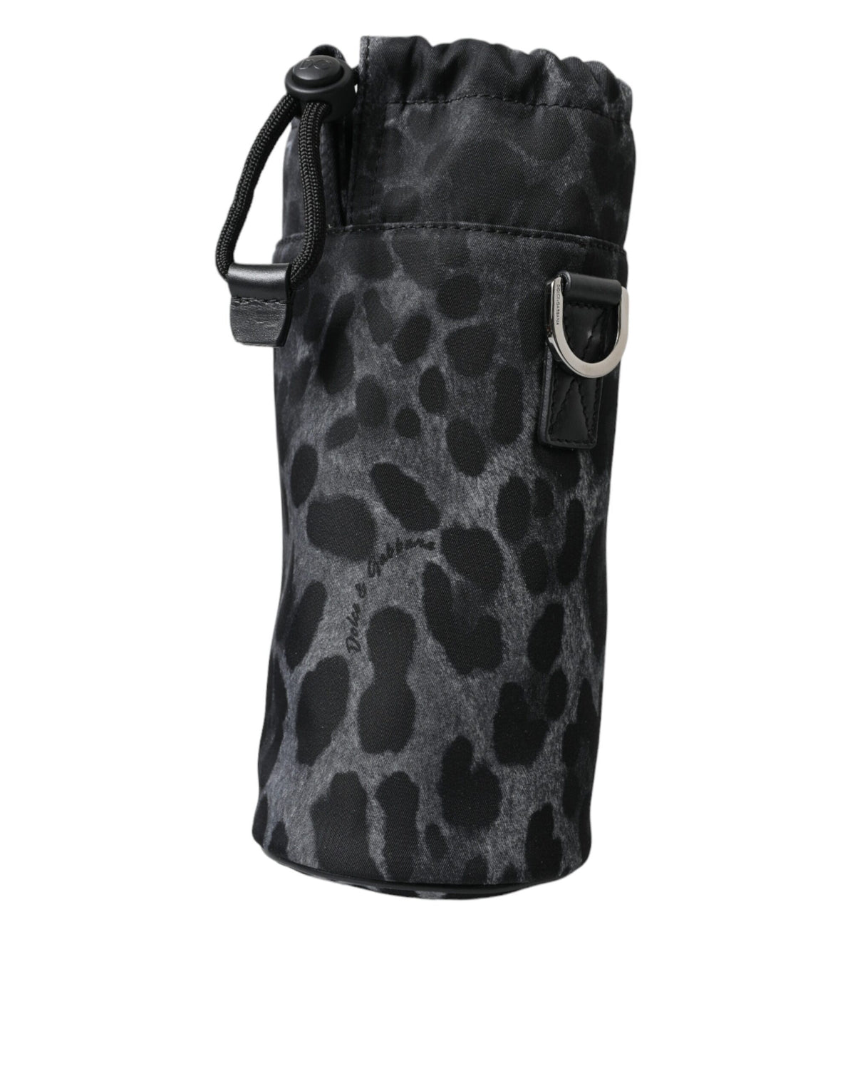Black leopard print slim tote bottle cage bag by Dolce & Gabbana with round shape and compact design.
