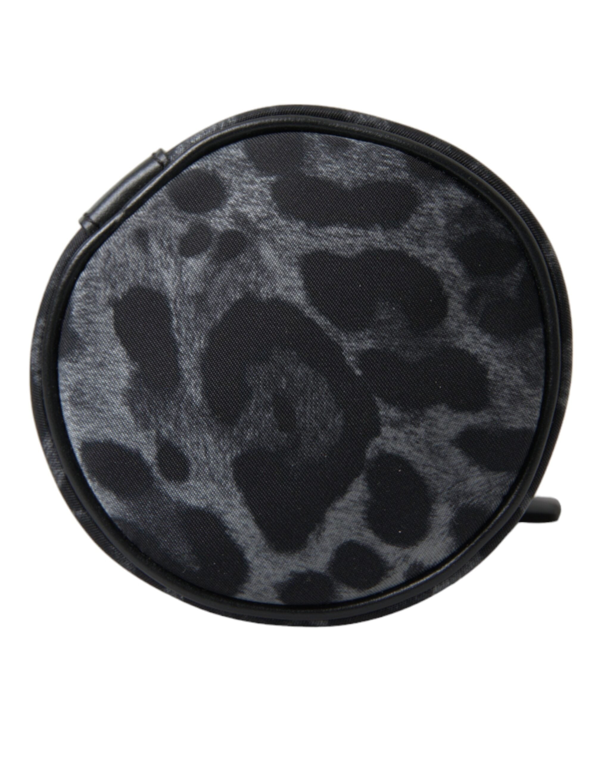 Black leopard print Dolce & Gabbana round slim tote bottle cage bag with top handle and gold-tone hardware.