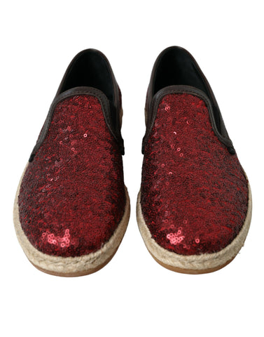 Red sequined loafers for men by Dolce & Gabbana, featuring a shiny, sparkling design and classic slip-on style.
