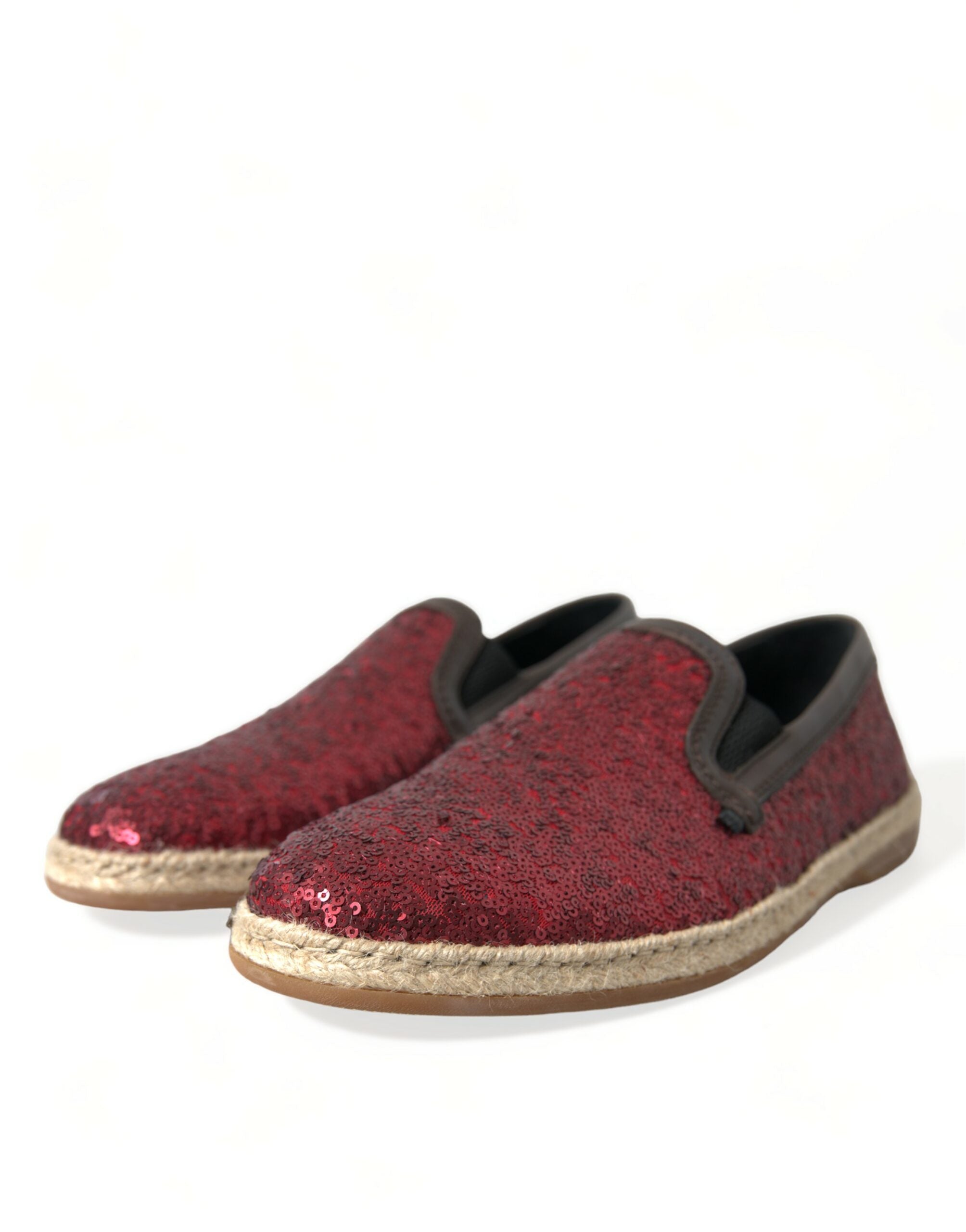 Red sequined Dolce & Gabbana men's loafers slippers with shiny, embellished design and slip-on style.