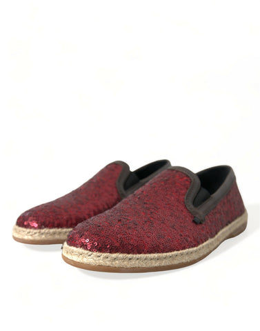 Red sequined Dolce & Gabbana men's loafers slippers with shiny, embellished design and slip-on style.