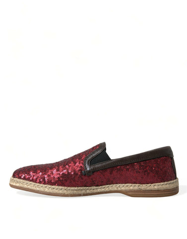 Red sequined Dolce & Gabbana loafers slippers for men, featuring a shiny, embellished design and classic slip-on style.