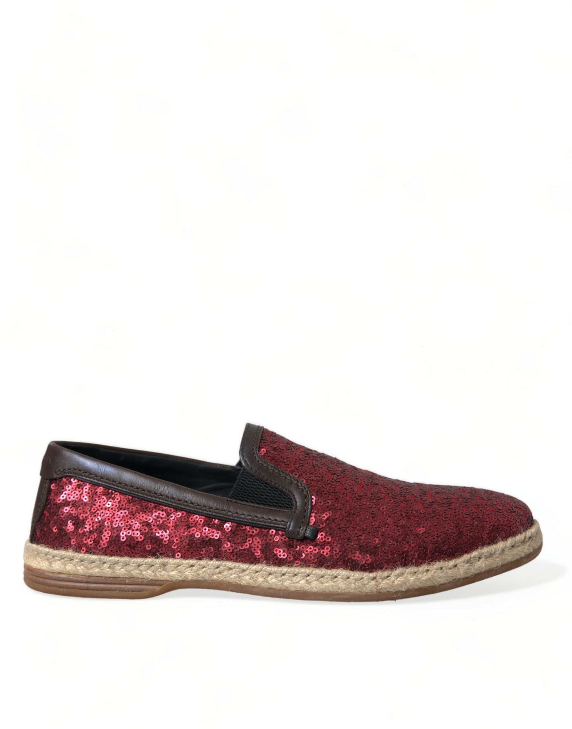 Red sequined Dolce & Gabbana men's loafers slippers with a sparkly, stylish design and comfortable slip-on style.