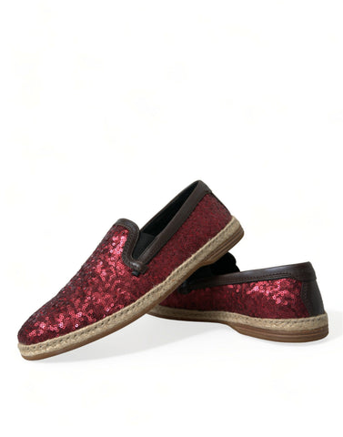 Red sequined loafers for men, Dolce & Gabbana slippers with shiny, decorative sequins, stylish and luxurious footwear.