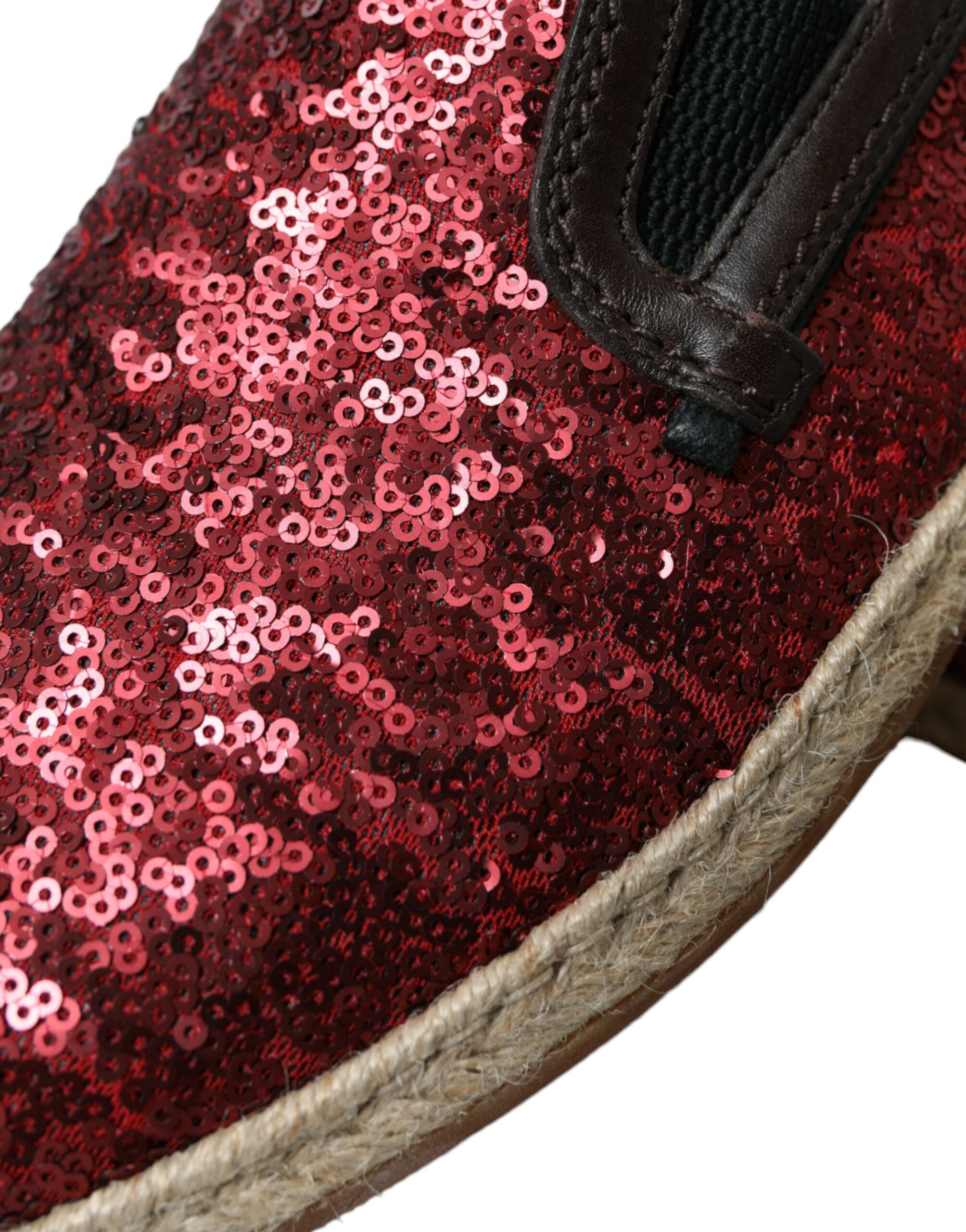 Red sequined Dolce & Gabbana men's loafers slippers with shimmering embellishments and slip-on design.