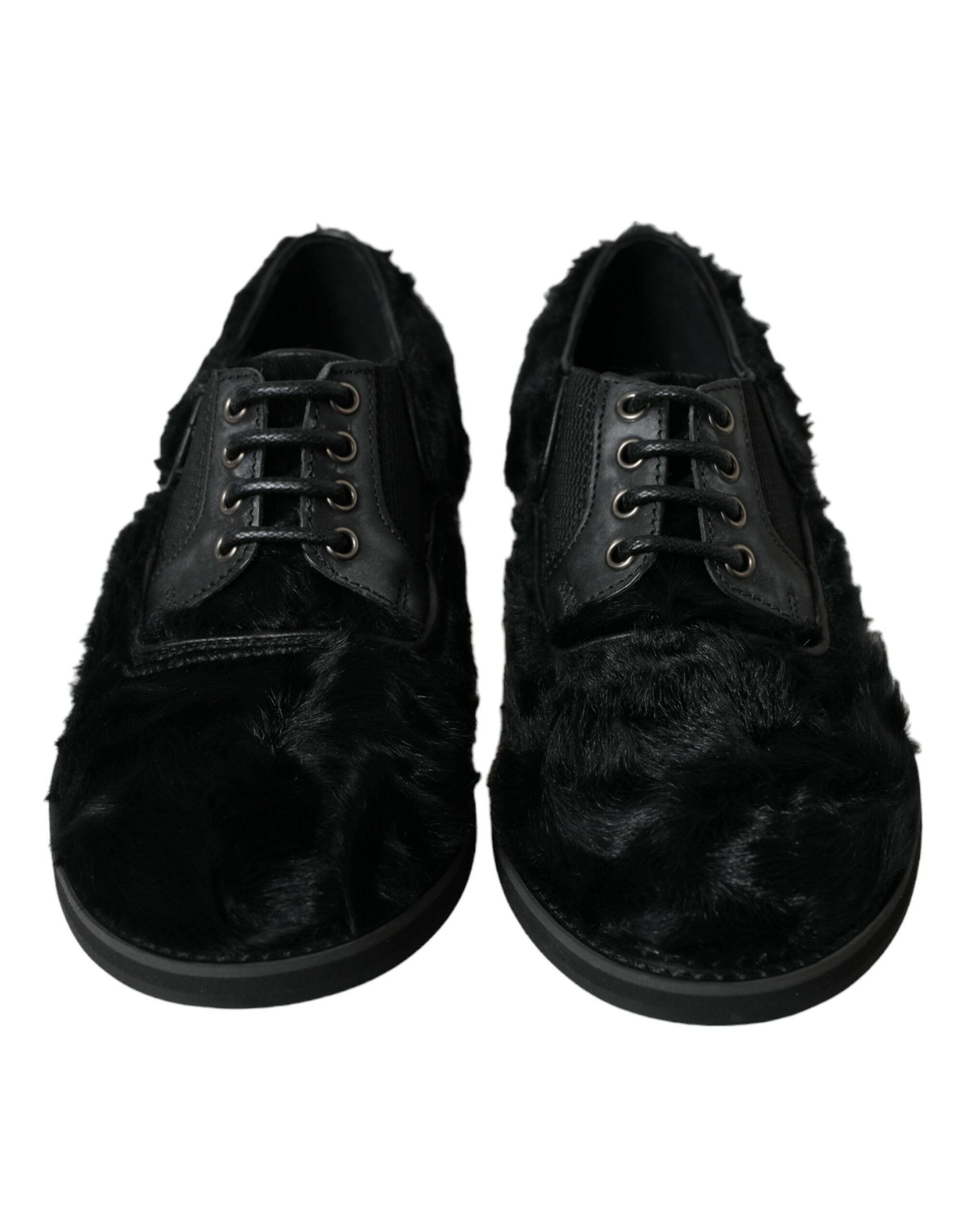 Black fur leather lace-up derby dress shoes by Dolce & Gabbana featuring a polished finish and classic design.