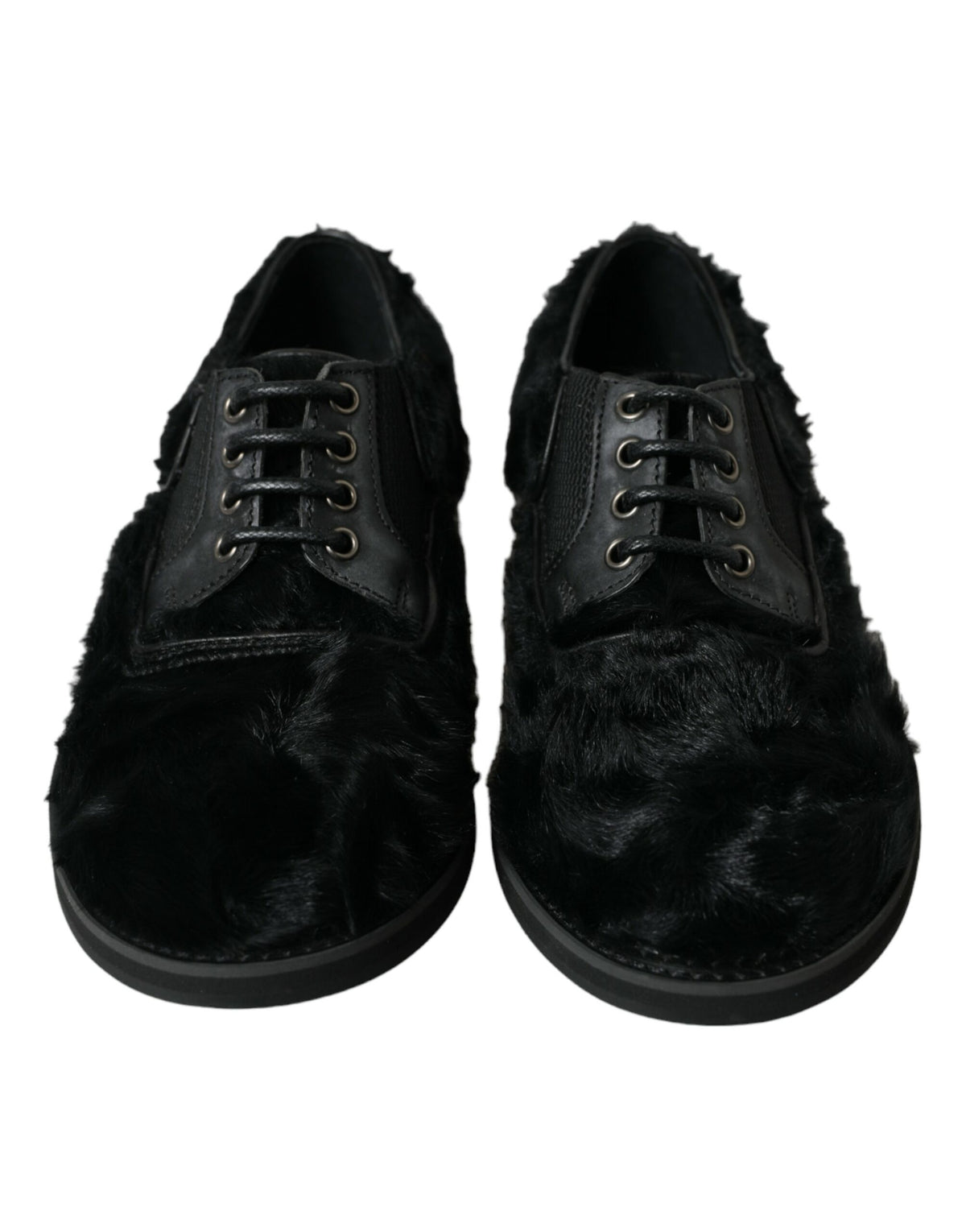 Black fur leather lace-up derby dress shoes by Dolce & Gabbana featuring a polished finish and classic design.