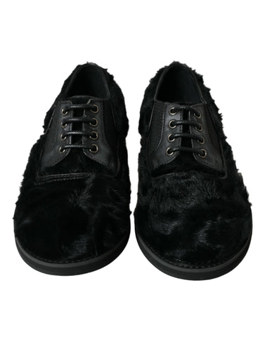 Black fur leather lace-up derby dress shoes by Dolce & Gabbana featuring a polished finish and classic design.
