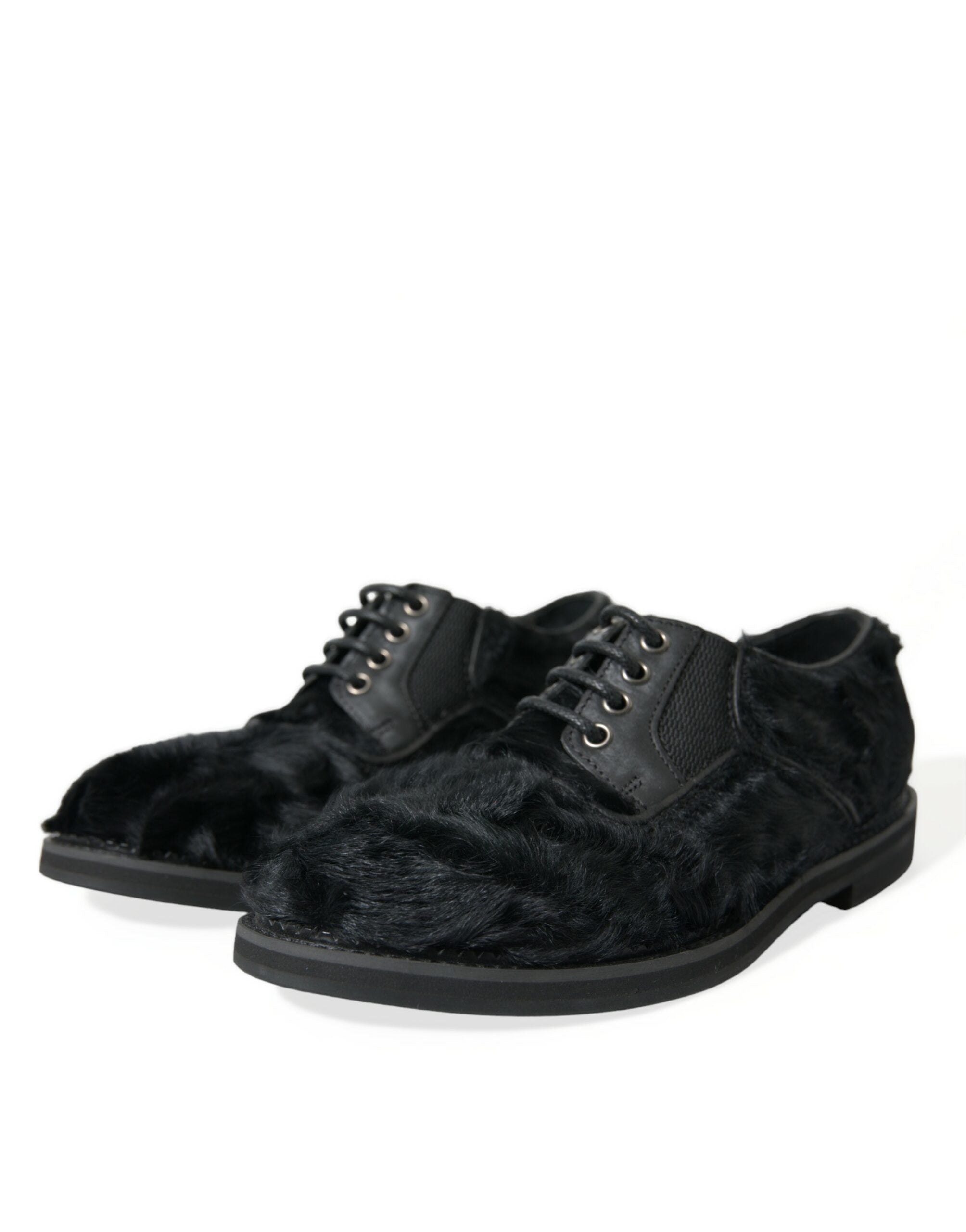 Black fur leather lace-up derby dress shoes by Dolce & Gabbana with sleek design and polished finish.