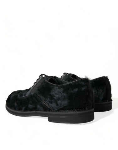 Black fur leather lace-up derby dress shoes by Dolce & Gabbana with sleek design and polished finish.