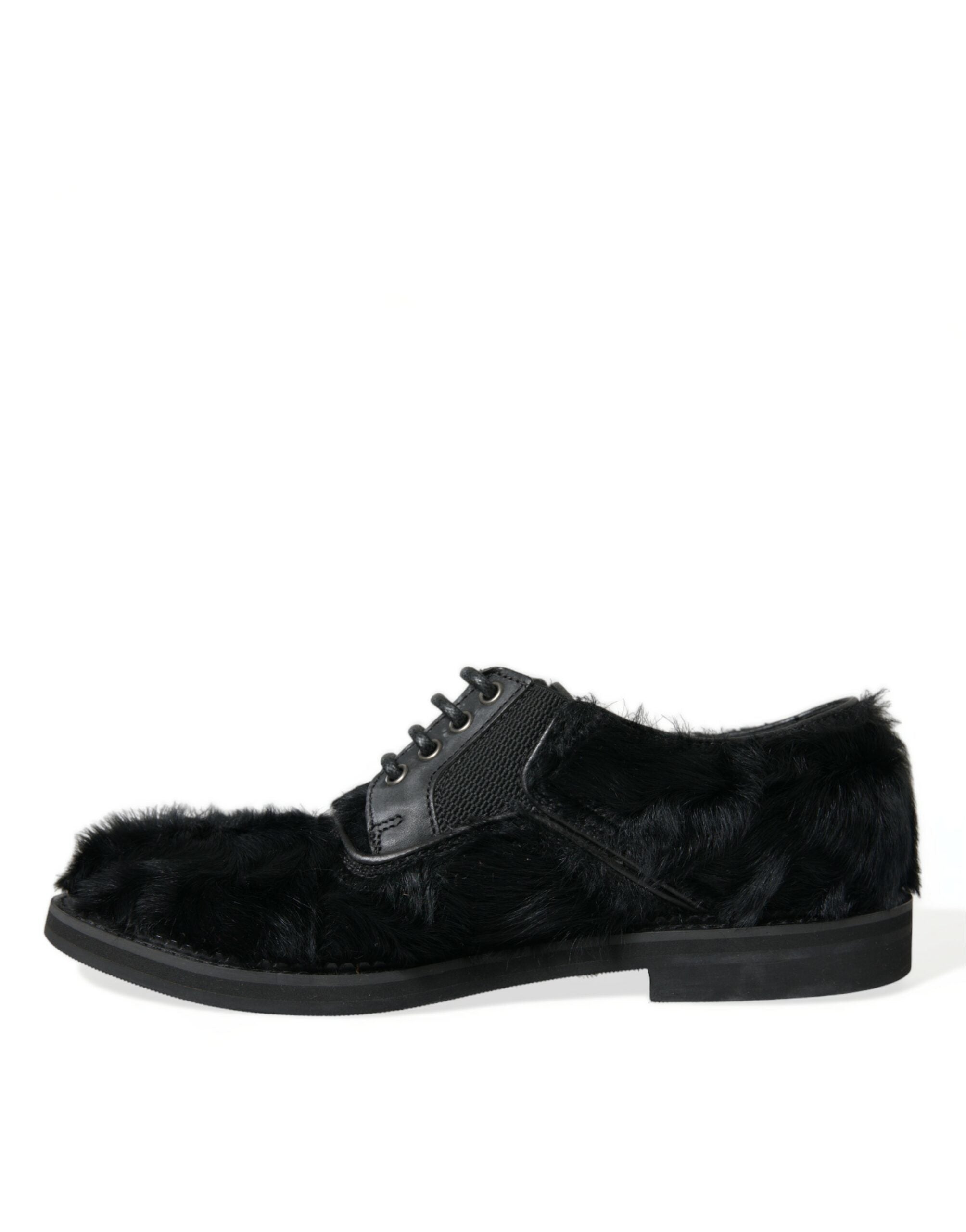 Black fur leather lace-up derby dress shoes by Dolce & Gabbana, featuring sleek design and polished finish.