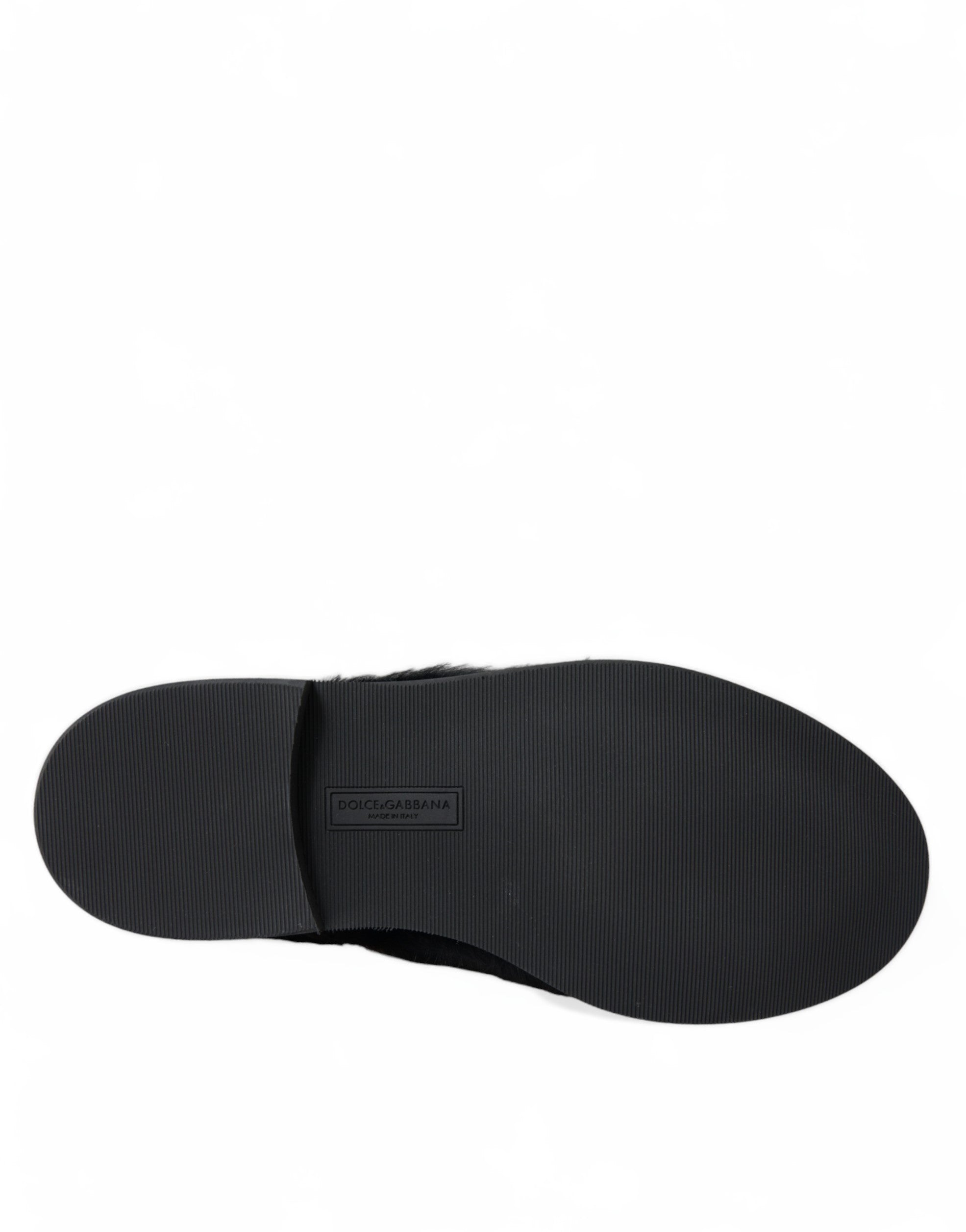 Black fur leather lace-up derby dress shoes by Dolce & Gabbana, featuring a sleek design and polished finish.