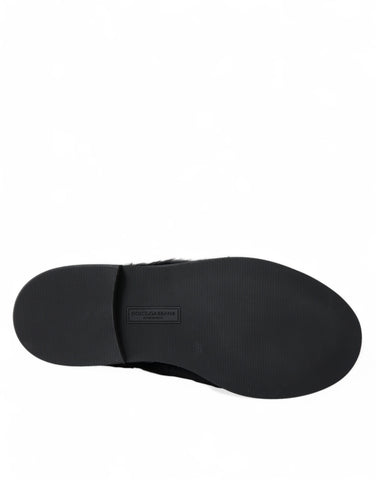 Black fur leather lace-up derby dress shoes by Dolce & Gabbana, featuring a sleek design and polished finish.