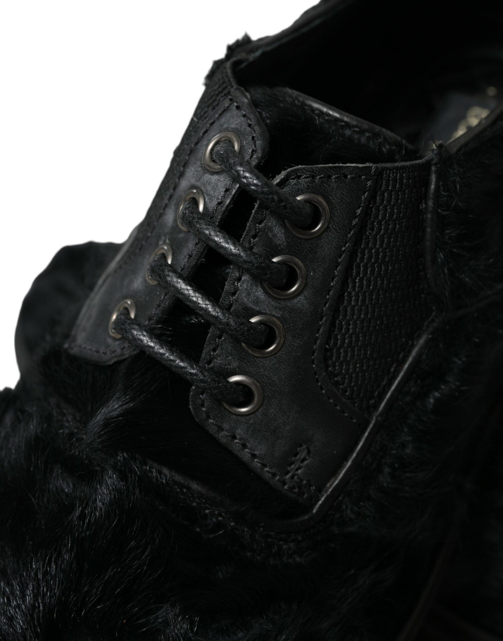 Black fur leather lace-up derby dress shoes by Dolce & Gabbana with sleek design and polished finish.