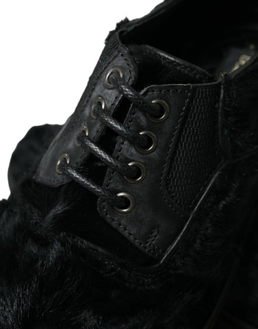 Black fur leather lace-up derby dress shoes by Dolce & Gabbana with sleek design and polished finish.