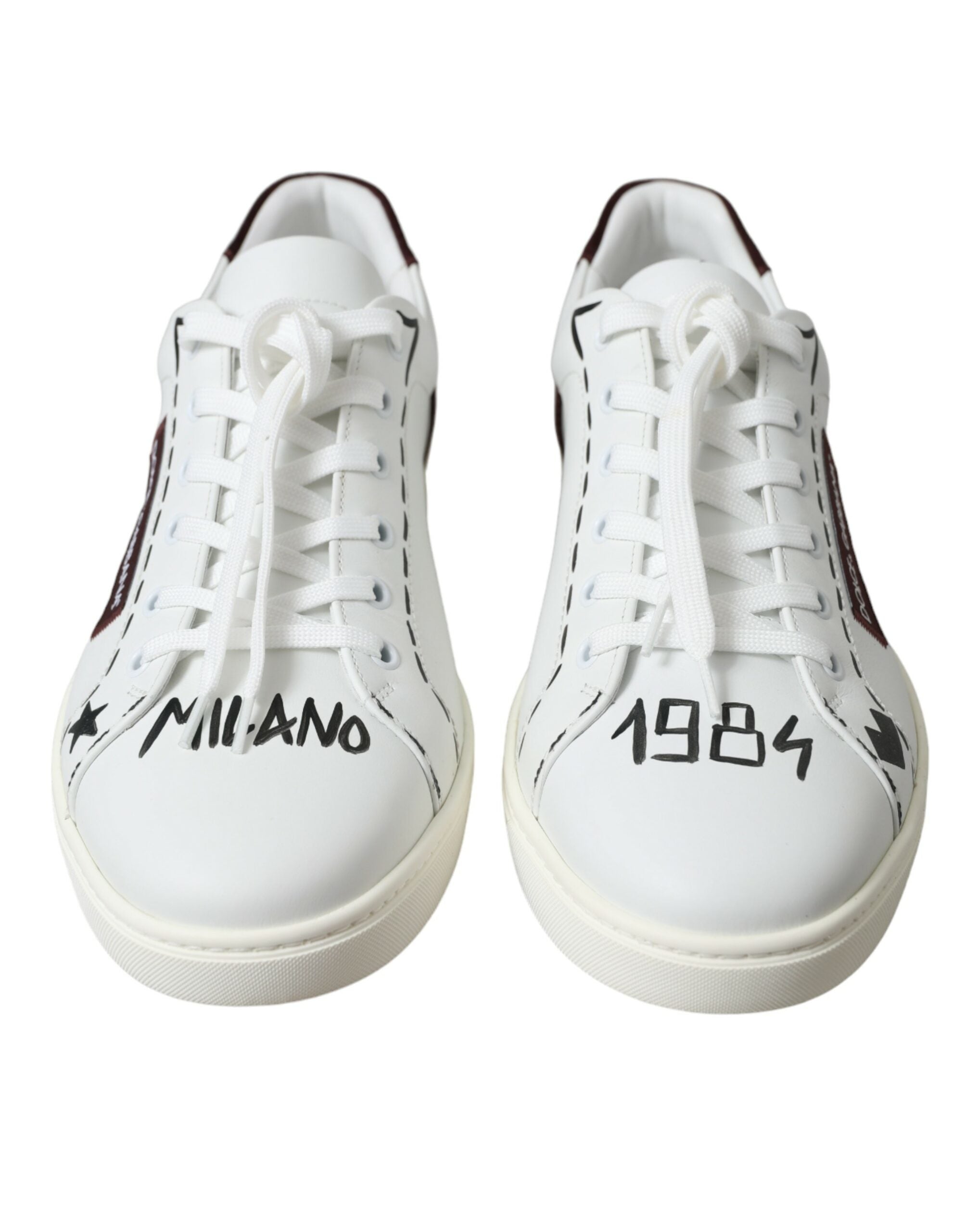White Bordeaux leather low top sneakers with Dolce & Gabbana logo on the side, casual footwear with sleek design.