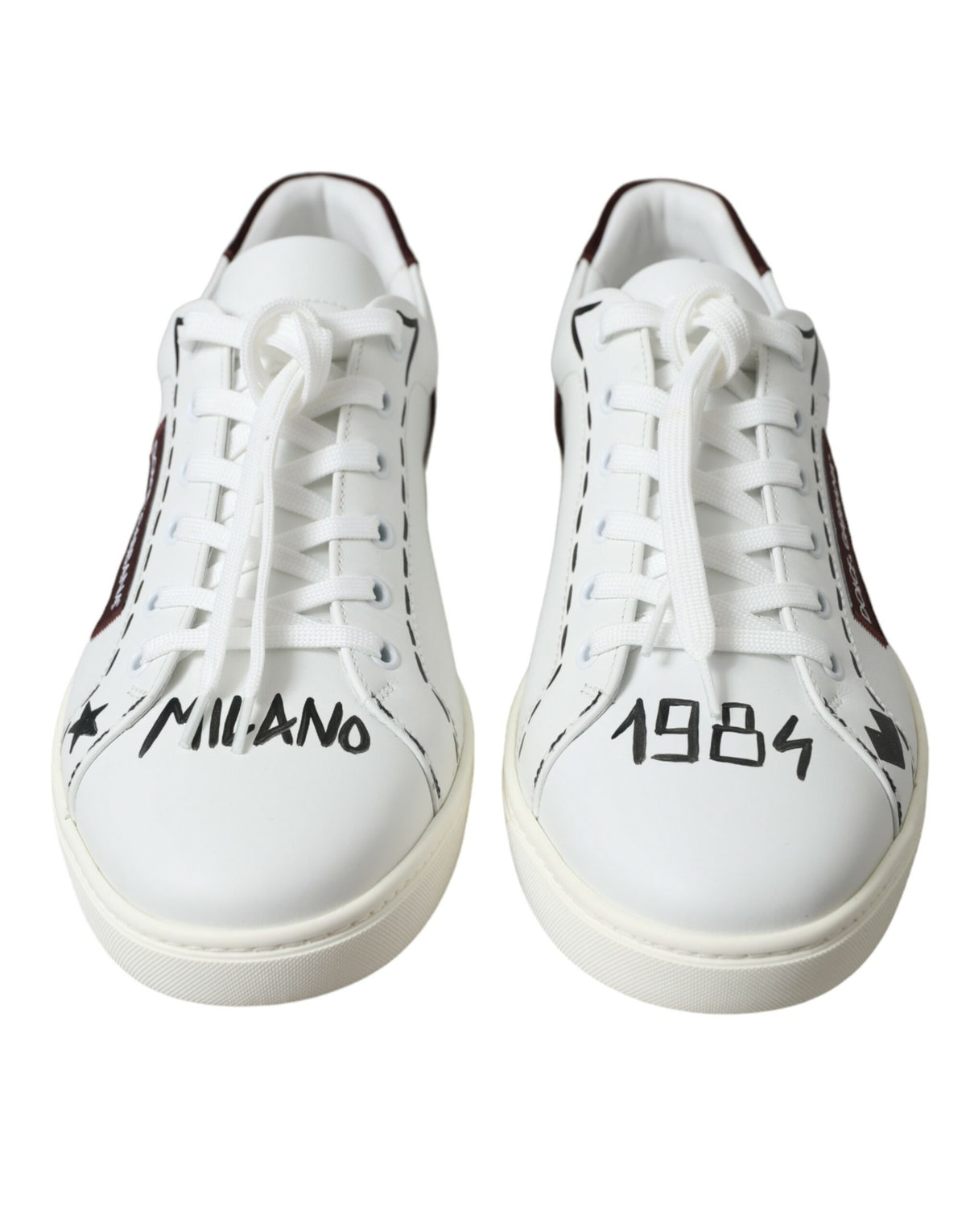 White Bordeaux leather low top sneakers with Dolce & Gabbana logo on the side, casual footwear with sleek design.