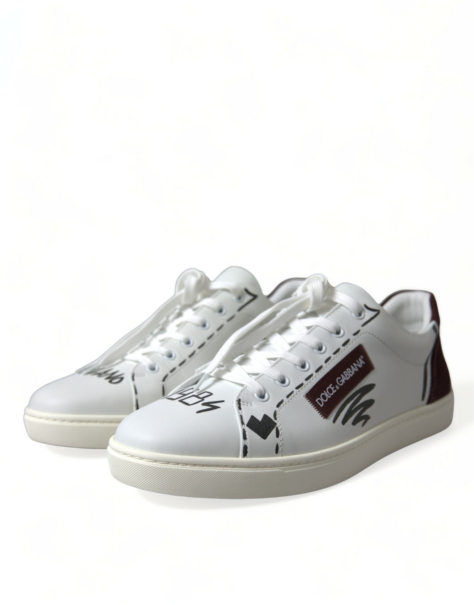 White Bordeaux leather low top sneakers with Dolce & Gabbana logo, stylish casual shoes for men.