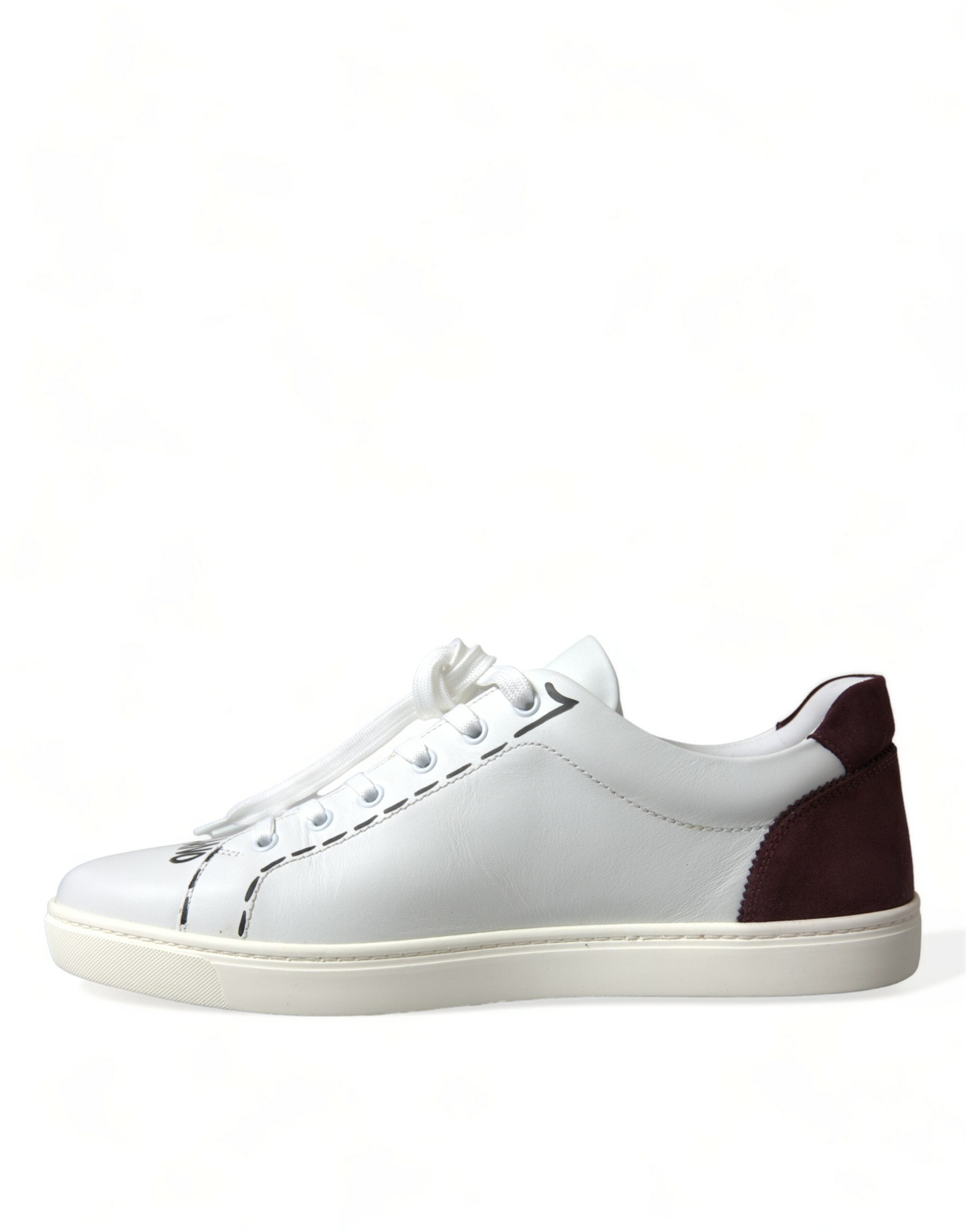 White Bordeaux leather low top sneakers by Dolce & Gabbana with logo detail, casual footwear for men or women.