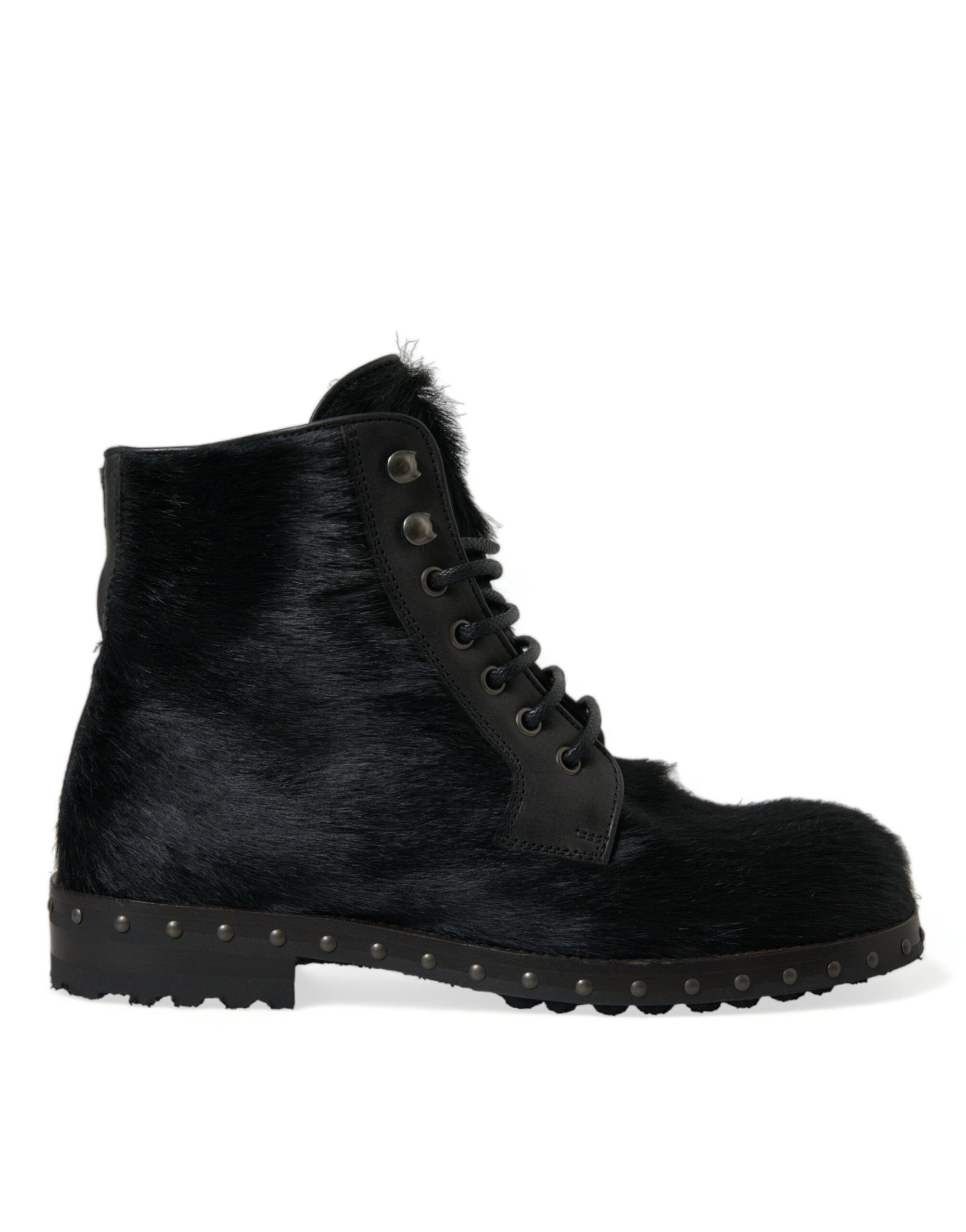 Black pony style leather mid-calf boots by Dolce & Gabbana, featuring sleek design and sturdy heel.