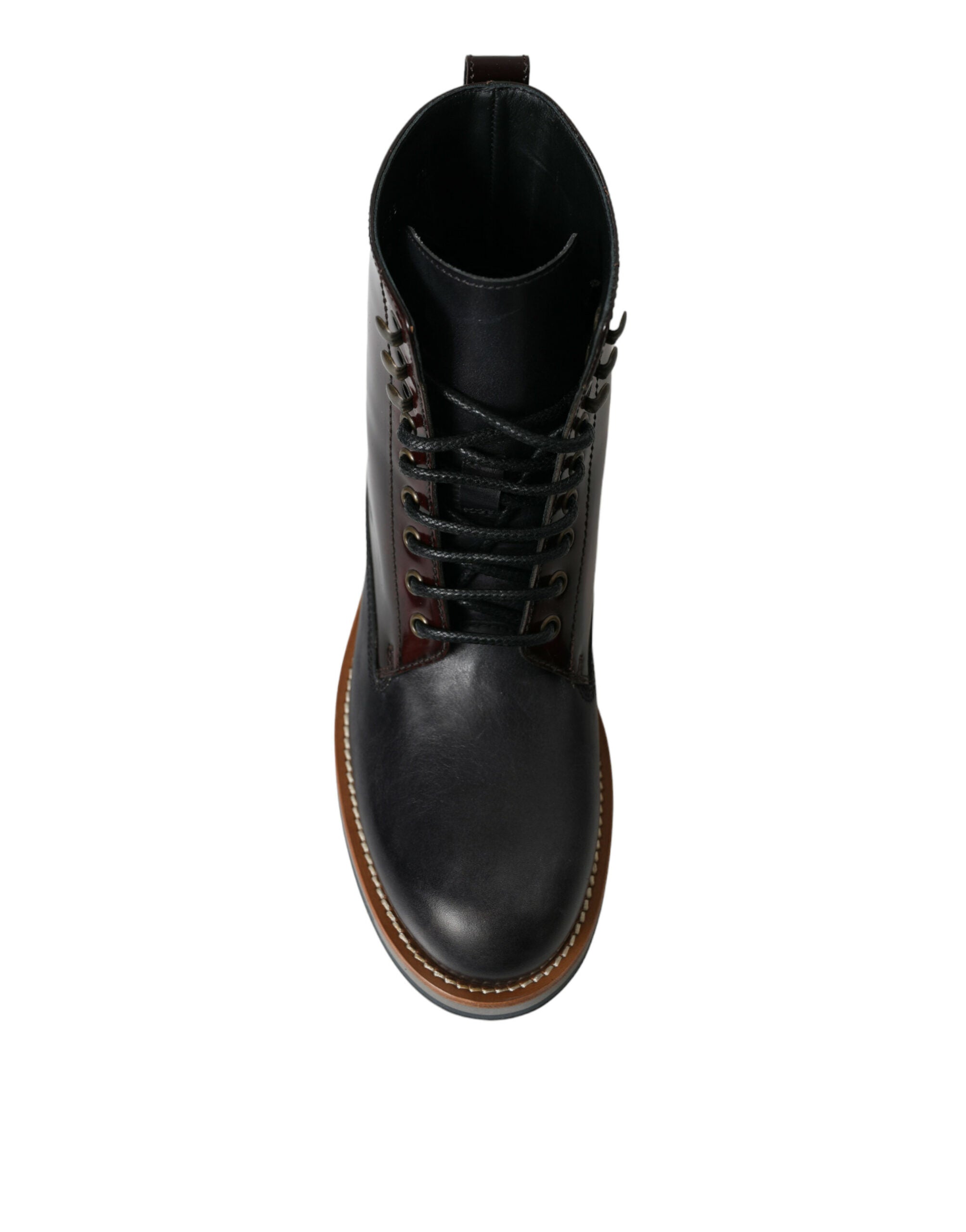 Black leather military combat boots by Dolce & Gabbana, featuring rugged design and sturdy laces.