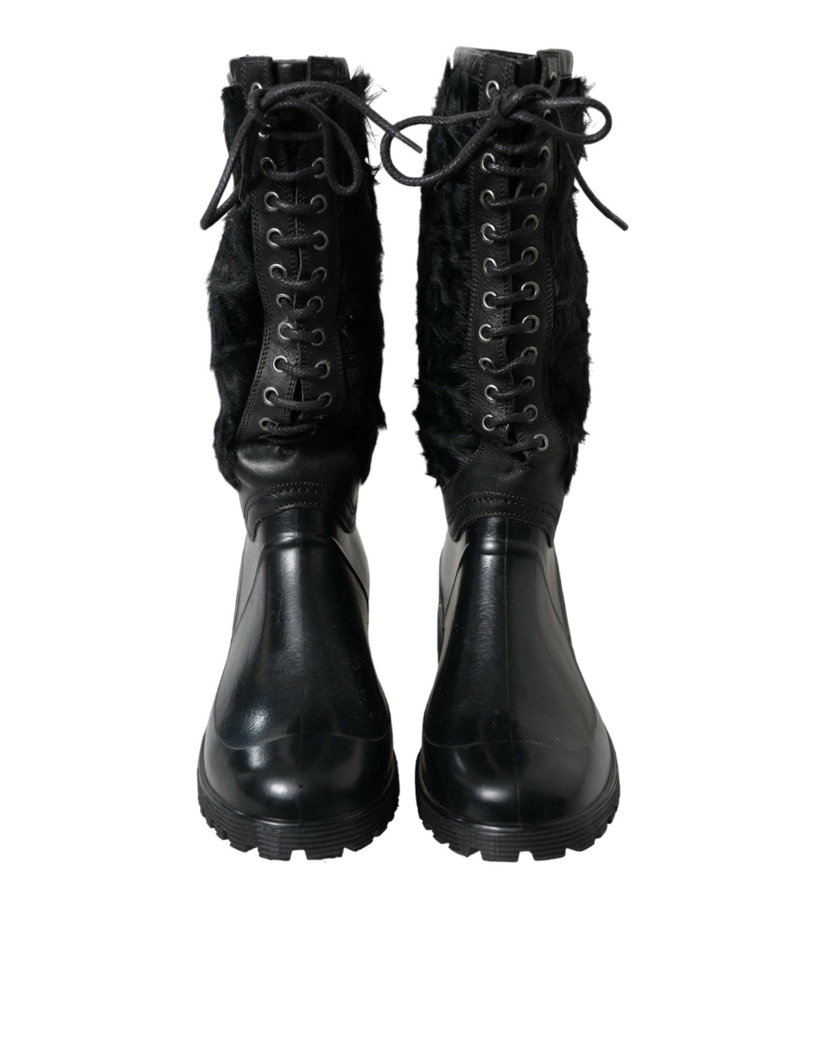 Black rubber lace-up shearling rain boots by Dolce & Gabbana with sturdy soles and cozy shearling lining.