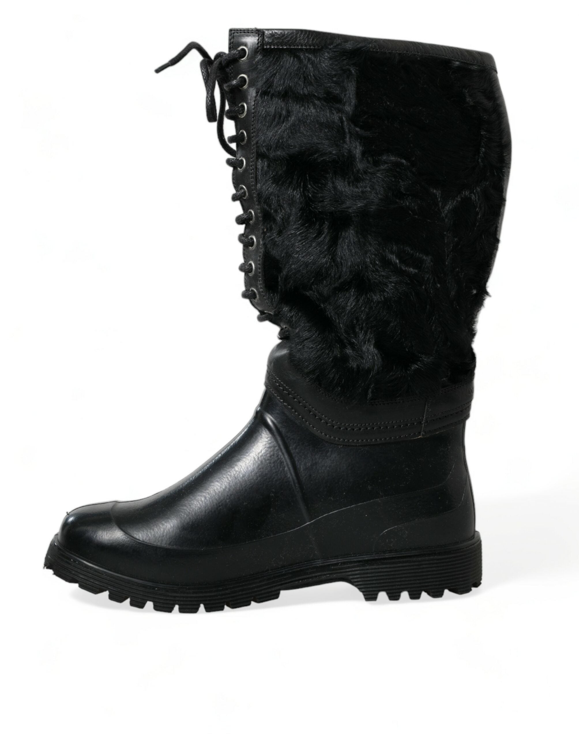 Black rubber lace-up shearling rain boots by Dolce & Gabbana with rugged soles and waterproof design.