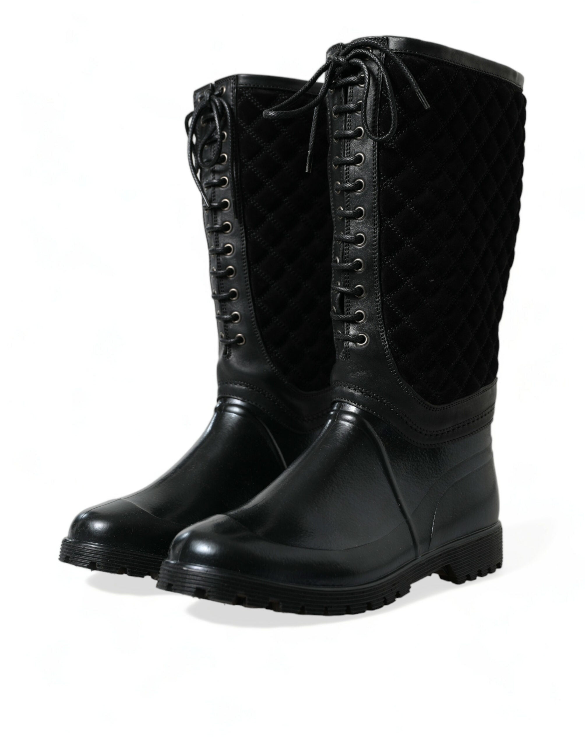 Black Chioggia rubber suede rain boots by Dolce & Gabbana, showcasing waterproof footwear with sleek suede detailing and sturdy soles.