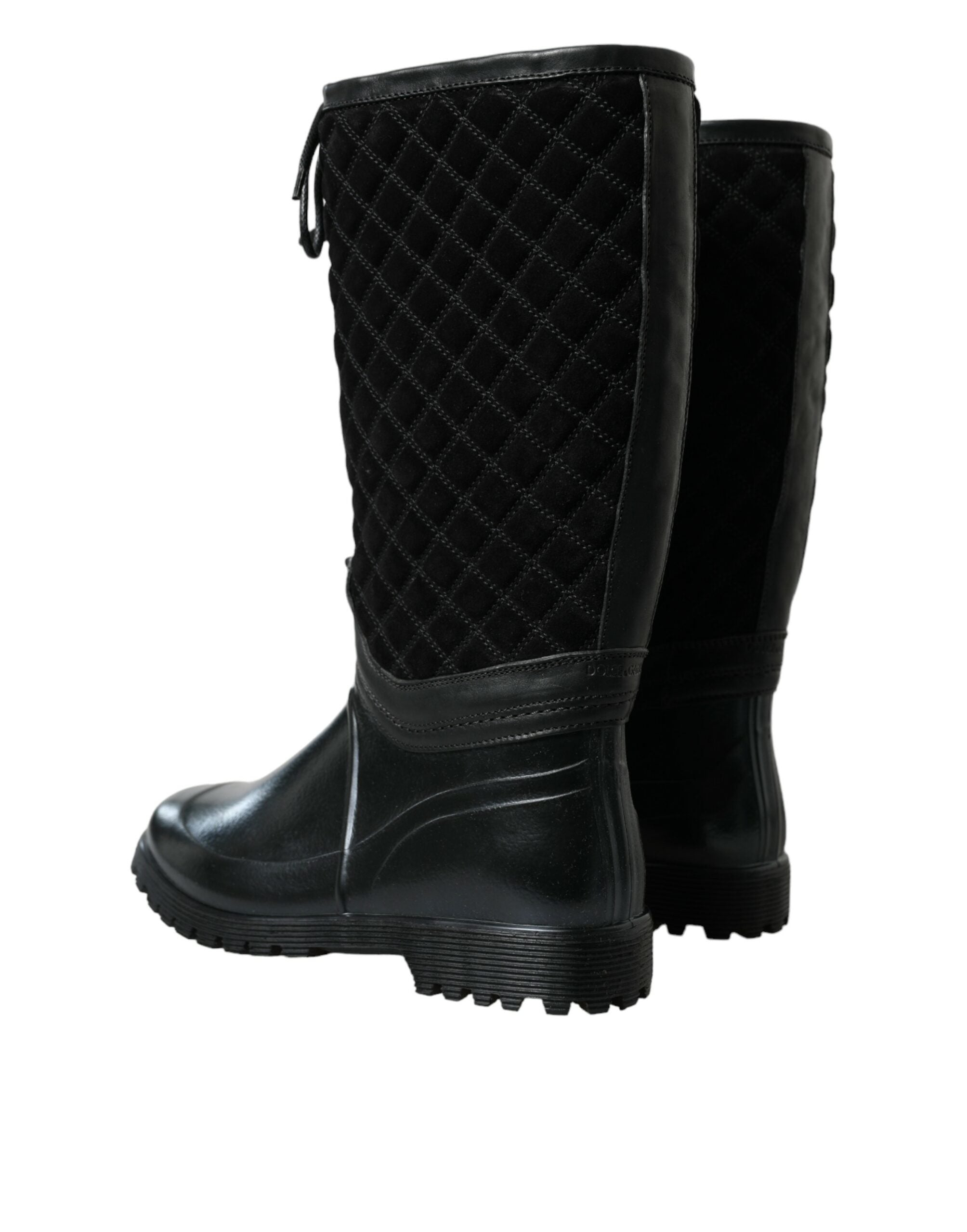 Black Chioggia Rubber Suede Rain Boots by Dolce & Gabbana, stylish waterproof shoes with suede accents and durable rubber soles.