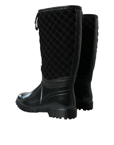 Black Chioggia Rubber Suede Rain Boots by Dolce & Gabbana, stylish waterproof shoes with suede accents and durable rubber soles.