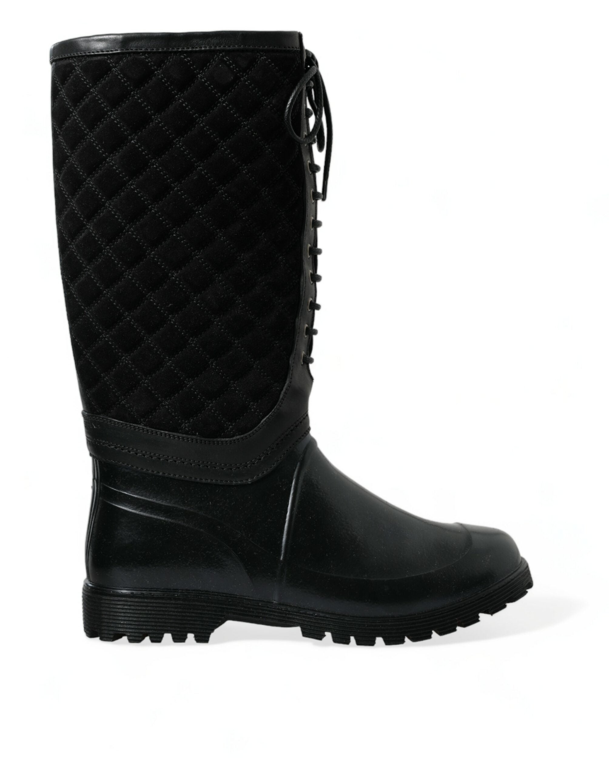 Black Chioggia rubber suede rain boots by Dolce & Gabbana, stylish waterproof footwear with a matte finish and sturdy sole.