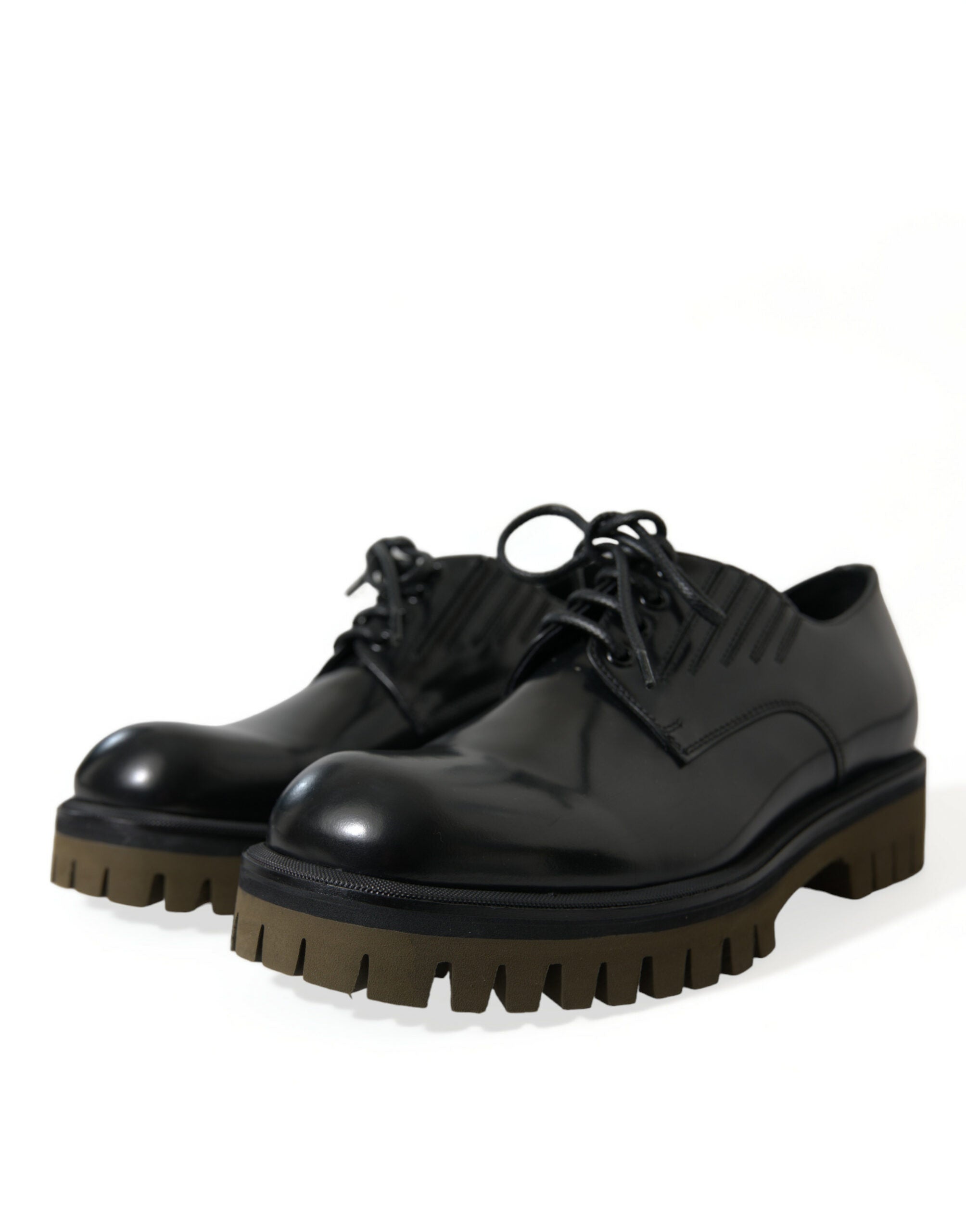 Black leather lace-up derby men's dress shoes by Dolce & Gabbana, featuring classic design and polished finish.