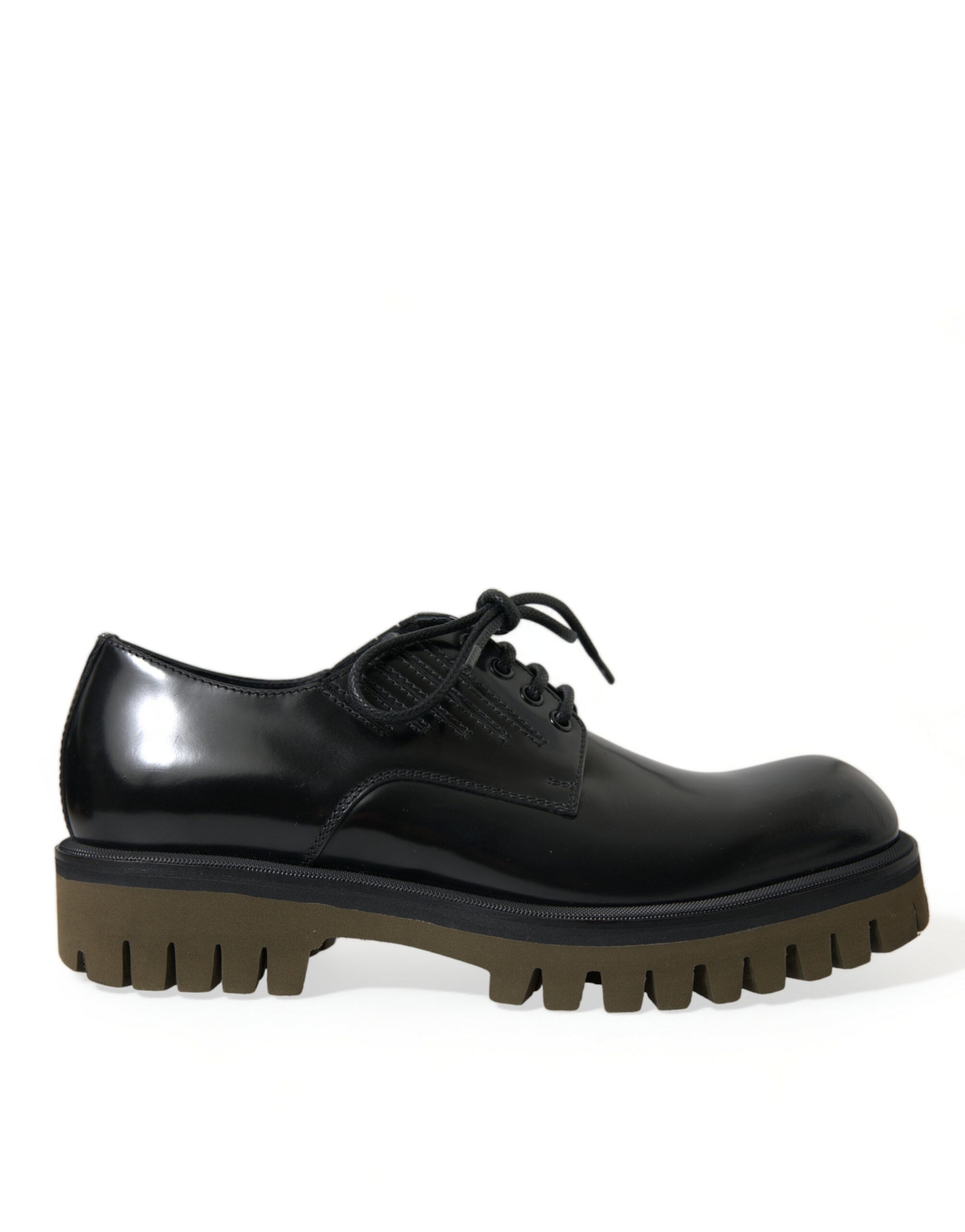 Black leather lace-up derby shoes for men by Dolce & Gabbana, featuring a sleek design and polished finish.