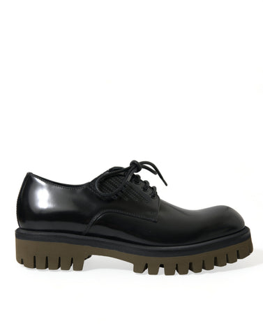 Black leather lace-up derby shoes for men by Dolce & Gabbana, featuring a sleek design and polished finish.