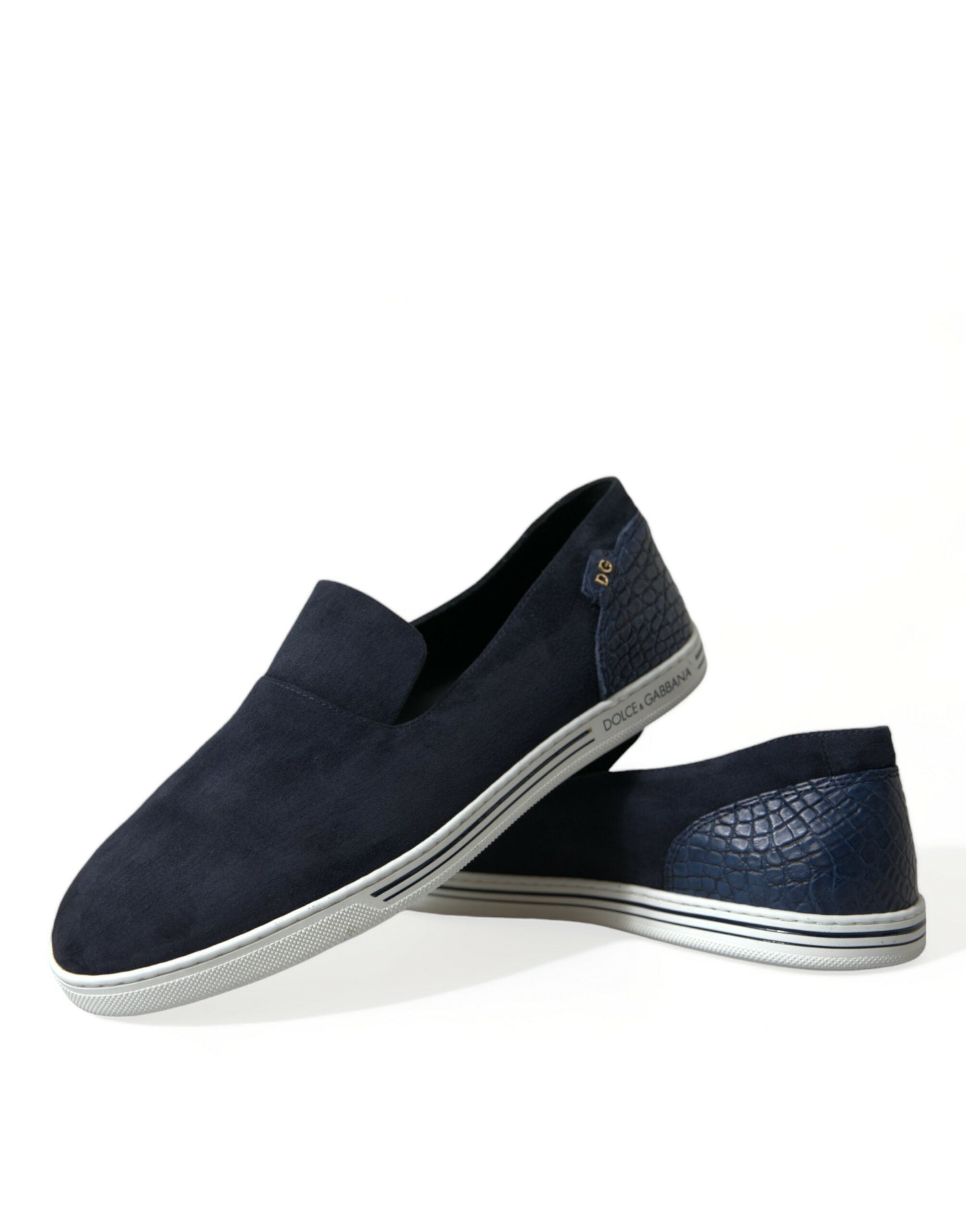 Blue suede Caiman loafers by Dolce & Gabbana, Saint Tropez shoes, featuring slip-on design and luxurious texture.