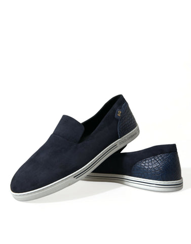 Blue suede Caiman loafers by Dolce & Gabbana, Saint Tropez shoes, featuring slip-on design and luxurious texture.