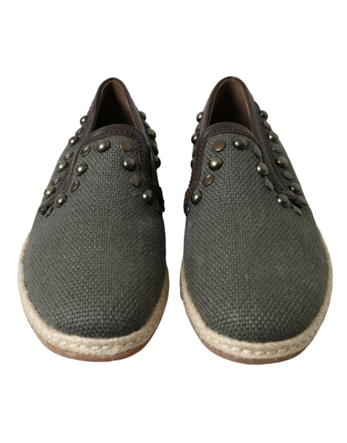 Gray linen and leather studded loafers shoes by Dolce & Gabbana with classic slip-on design and stylish detailing.